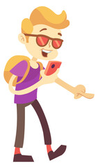 Kid playing augmented reality game on smartphone. Cartoon character