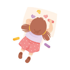Little Girl Character Lying and Drawing with Crayons on Paper Above View Vector Illustration