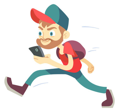 Addictive smarthone user running. Cartoon character with phone