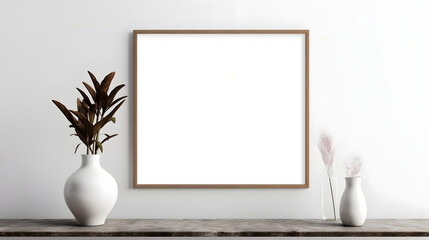 Empty horizontal frame mockup in modern minimalist interior with plant in trendy vase on white wall background, Template for artwork, painting, photo or poster