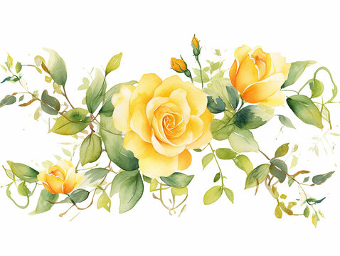 set in stile acquerello di bouquet floreale , foglie e rami, rose, colori tenui giallo e verde, fondo bianco scontornabile creato con ai