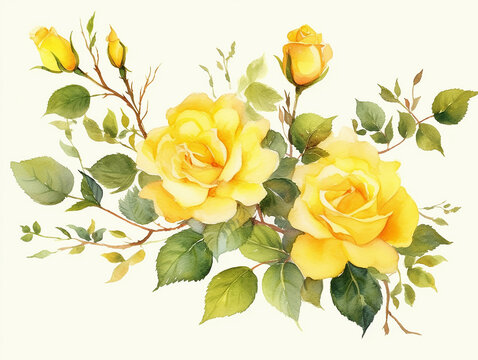 set in stile acquerello di bouquet floreale , foglie e rami, rose, colori tenui giallo e verde, fondo bianco scontornabile creato con ai