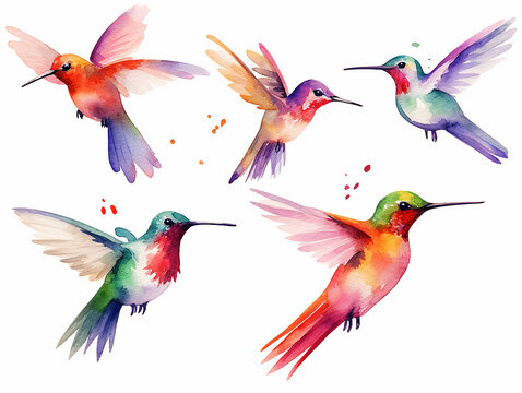 set di colibr&igrave; in stile acquerello, colori vibranti, fondo bianco scontornabile
