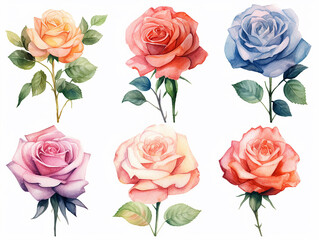 illustrazione in stile acquerello di set di rose e boccioli di rose di diversi colori , su sfondo bianco scontornabile, creata con ai - obrazy, fototapety, plakaty