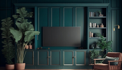 Living room with tv cabinet against dark green wall, Generative AI