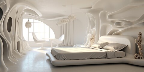what if a painter had designed the internal design of your bedroom? White minimal bedroom interior design Salvador Dali style