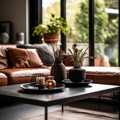 Modern Industrial Living Room Interior Design Concept - Close Up of Leather Sofa and Beautiful Accessories - Dutch Style Loft Minimalistic Decor - Morning Light - Generative AI
