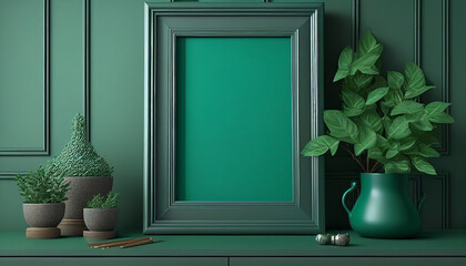 Mockup photo frame green wall mounted on the wooden cabinet, Generative AI