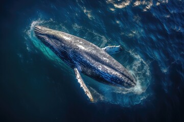 Aerial top down view of a big sperm whale freely swimming in the ocen