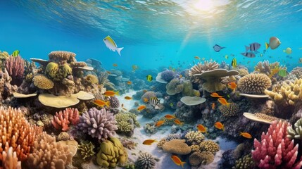 Obraz na płótnie Canvas Underwater sea life coral reef panorama with many fishes and marine animals