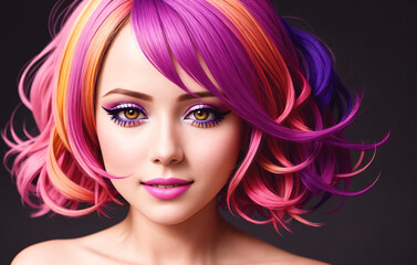 Fashion portrait of a beautiful woman with multi colored hair. Generative AI.