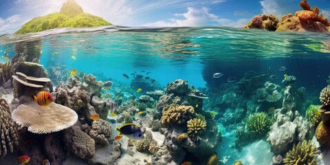 Underwater sea life coral reef panorama with many fishes and marine animals