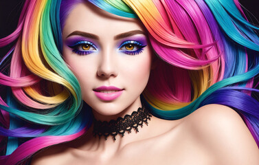 Fototapeta premium Fashion portrait of a beautiful woman with multi colored hair. Generative AI.