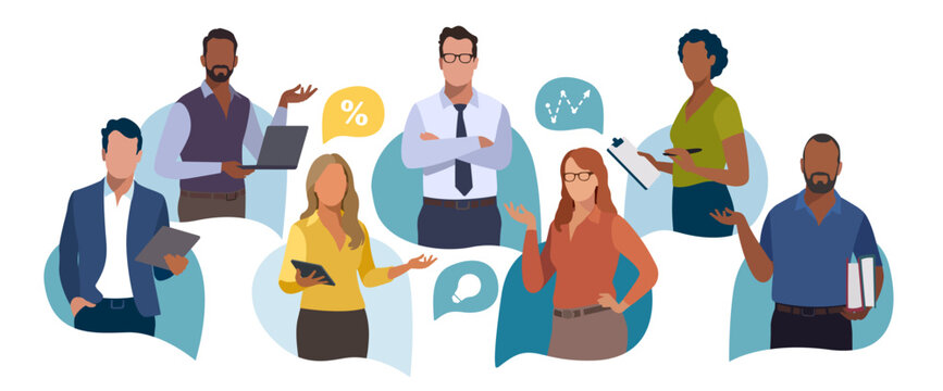 Discussion. Brainstorming. Communication Concept. Business People Talking Standing In The Speech Bubbles. Vector Illustration.