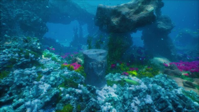 underwater remains of old city or temple adorned with marine vegetation and coral