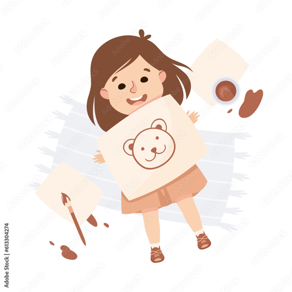 Sticker Little Girl Character Lying and Showing Drawing Above View Vector Illustration