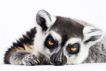 Close-up portrait of a lemur napping - isolated, white background, copy space, Generative AI