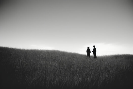 A couple of people that are standing in the grass, a black and white photo,  neo-romanticism, AI generative