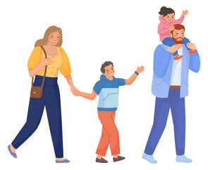 Naklejka premium Happy family walking. Father carrying daughter. Smiling mother and son
