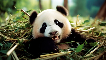 Obraz premium A Baby Panda Eating Bamboo in Green Forest. Nature Habitat, Wildlife Feeding.
