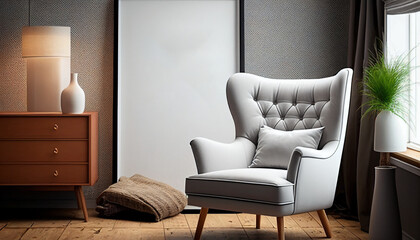 Mockup poster frame with sofa in modern interior background, Generative AI