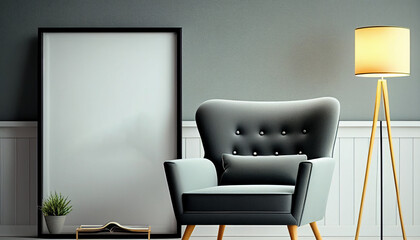 Mockup poster frame with sofa in modern interior background, Generative AI