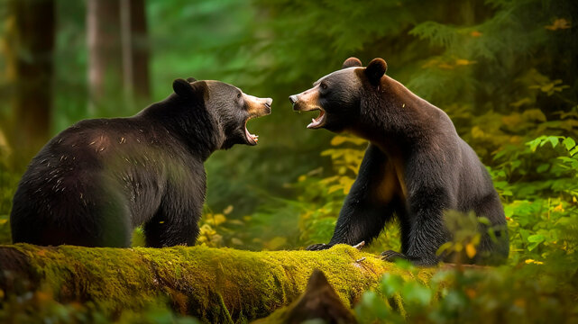 Two Black Bears Fighting Aggressively in Forest. Wildlife Action, Nature Scene.