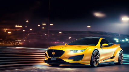 Plakat Yellow car driving at high speed at night, wallpaper and background