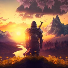 silhouette couché de soleil du printemps de fantasy ia générative