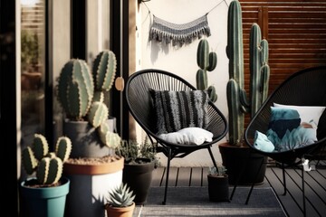 Black Acapulco chairs and plant pots on a houses front porch. cozy patio or balcony area decorated with garlands. Interior garden chairs on a wooden veranda. contemporary outdoor lounge Generative AI
