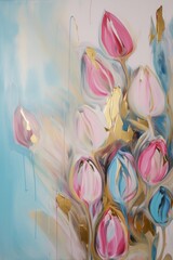 Abstract oil painting of colorful tulips