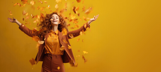 Obraz na płótnie Canvas Woman in Fall Clothes Throwing Autumn Leaves in the Air 
