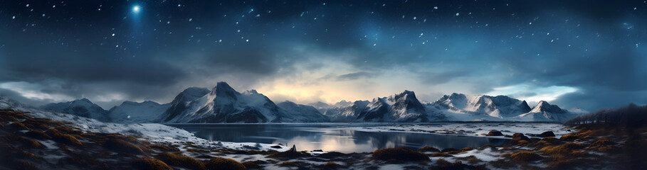 a large body of water surrounded by snow covered mountains, a matte painting, digital art, night sky,  norwegian landscape, generative ai