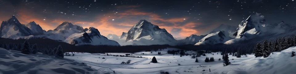 a mountain covered in snow next to a forest, a matte painting, digital art, night sky, warm beautiful scene, generative ai