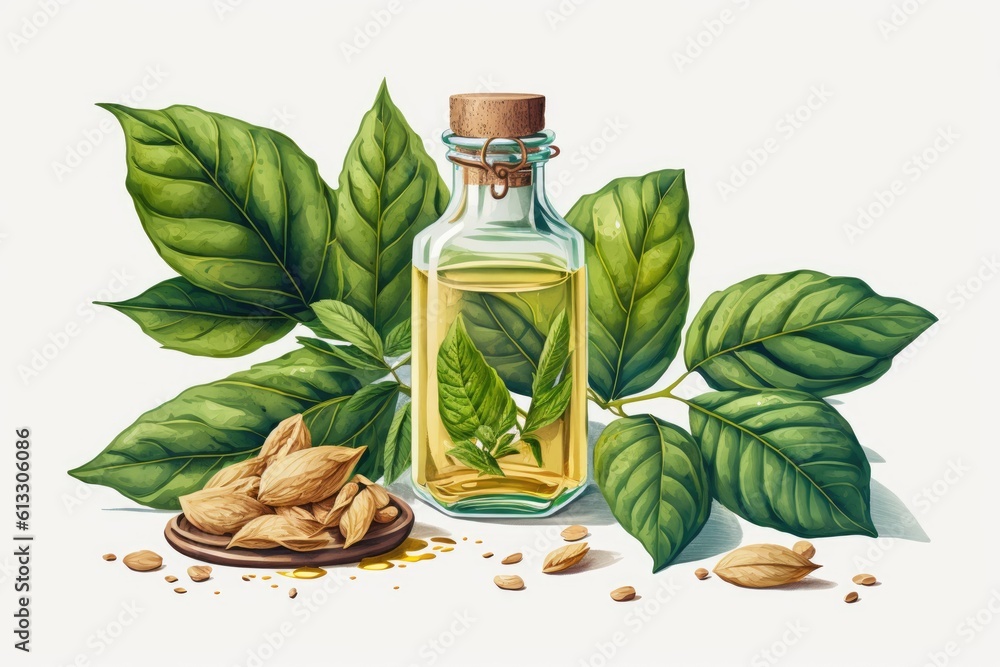 Poster bottle filled with green leaves and a pile of assorted nuts. generative ai