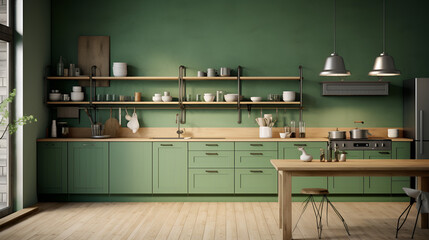 Obraz premium kitchen in green color in modern flat, in the style of photo-realistic still life, wood, 3840x2160, minimalist graphic designer, muted tones, industrial, installation-based