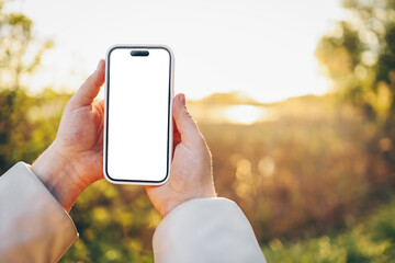 Phone in hands with isolated screen at sunset