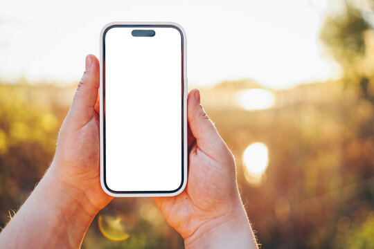 Phone in hands with isolated screen at sunset