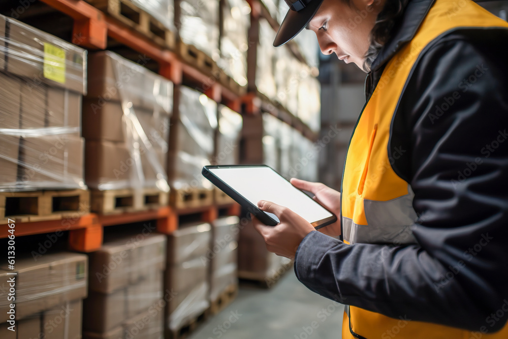 Poster warehouse worker using digital tablet in warehouse. generative ai