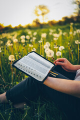 Christian woman holds bible in her hands. Reading the Holy Bible in a field during beautiful sunset. Concept for faith, spirituality and religion. Peace, hope