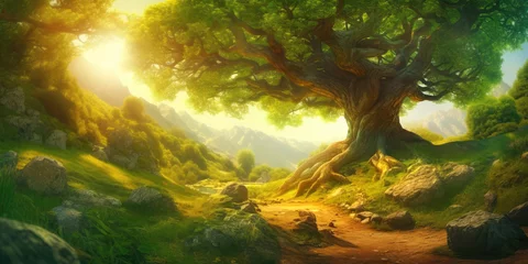 Tafelkleed Ancient tree growing by a path in forest clearing, summer day filled with warm sunlight © ChaoticDesignStudio