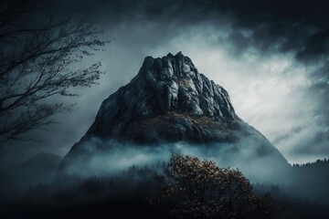 misty forest landscape with a majestic mountain as the centerpiece. Generative AI