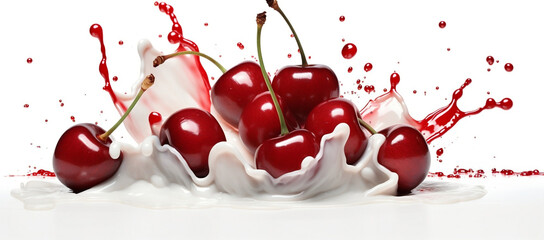 Red cherries falling into milk - 613306898