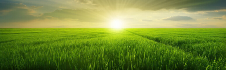 Fototapeta na wymiar Field of green wheat growing under the warm rays of sunset, rural landscape panorama