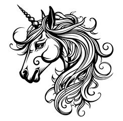 Unicorn head illustration with swirling mane