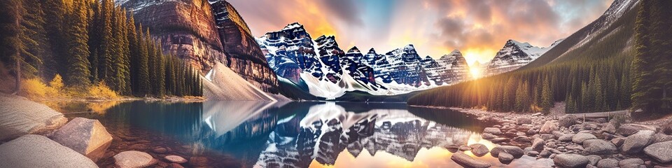 illustration, beautiful lake in alberta cana national park, website header, ai generative - obrazy, fototapety, plakaty