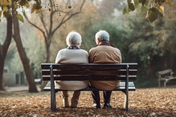 grey-haired seniors seated on wooden bench in park, gazing sunlight from a backside view.