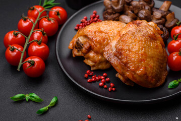Delicious juicy chicken thighs baked with salt, spices and herbs in a ceramic plate