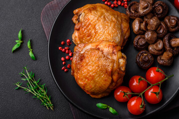 Delicious juicy chicken thighs baked with salt, spices and herbs in a ceramic plate
