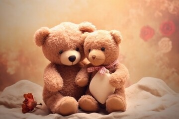 An adorable teddy bear embracing a gentle heart on a love-themed background, Generative Ai